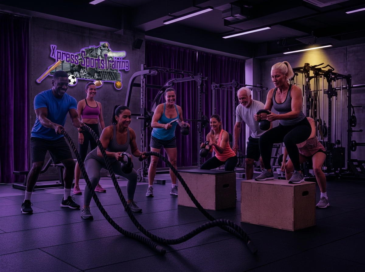 Diverse group of adults doing HIIT group training with battle ropes and kettlebells