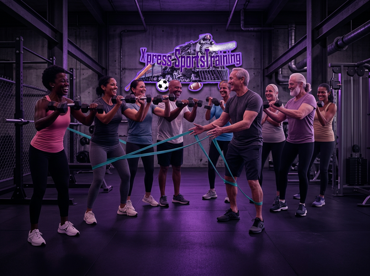 Diverse group of adults doing strength training with dumbbells and resistance bands
