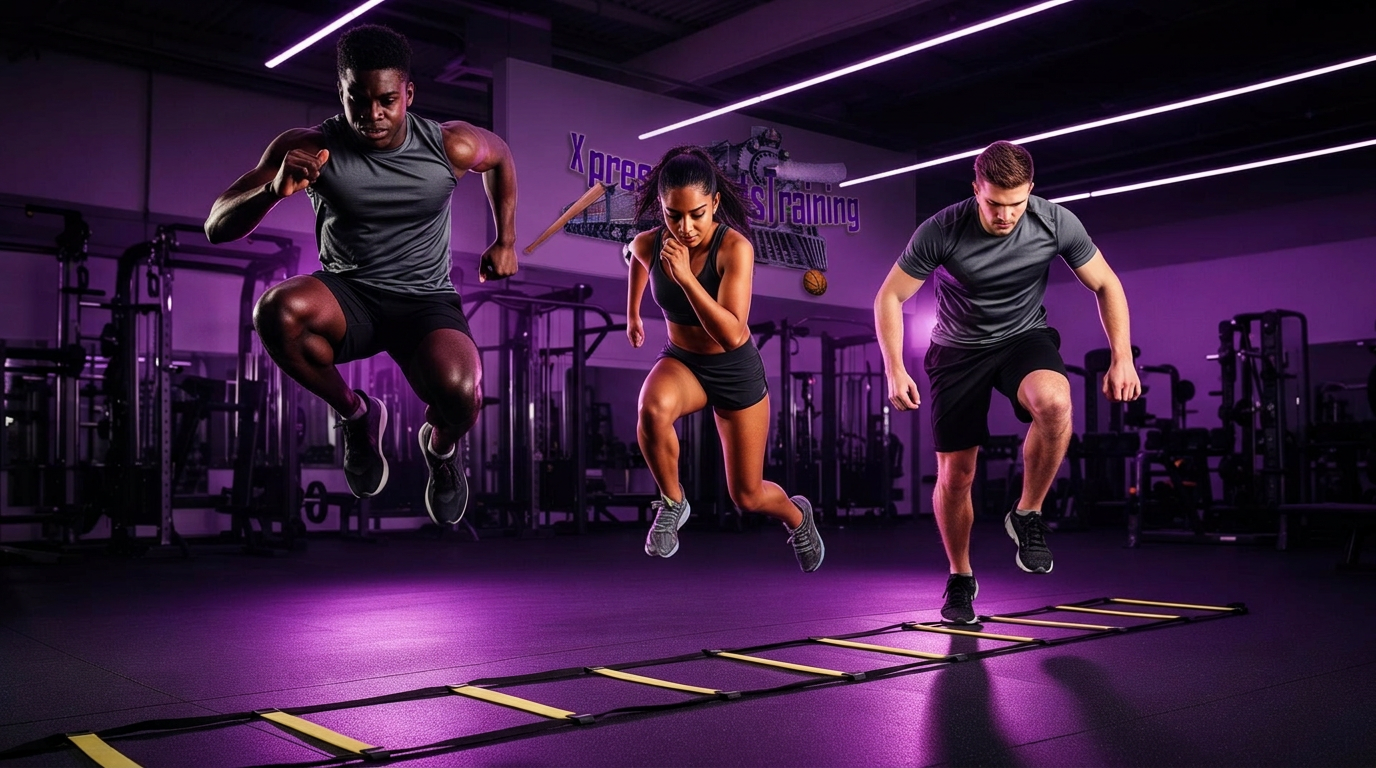 Diverse athletes training together — plyometrics, sprinting, and agility drills